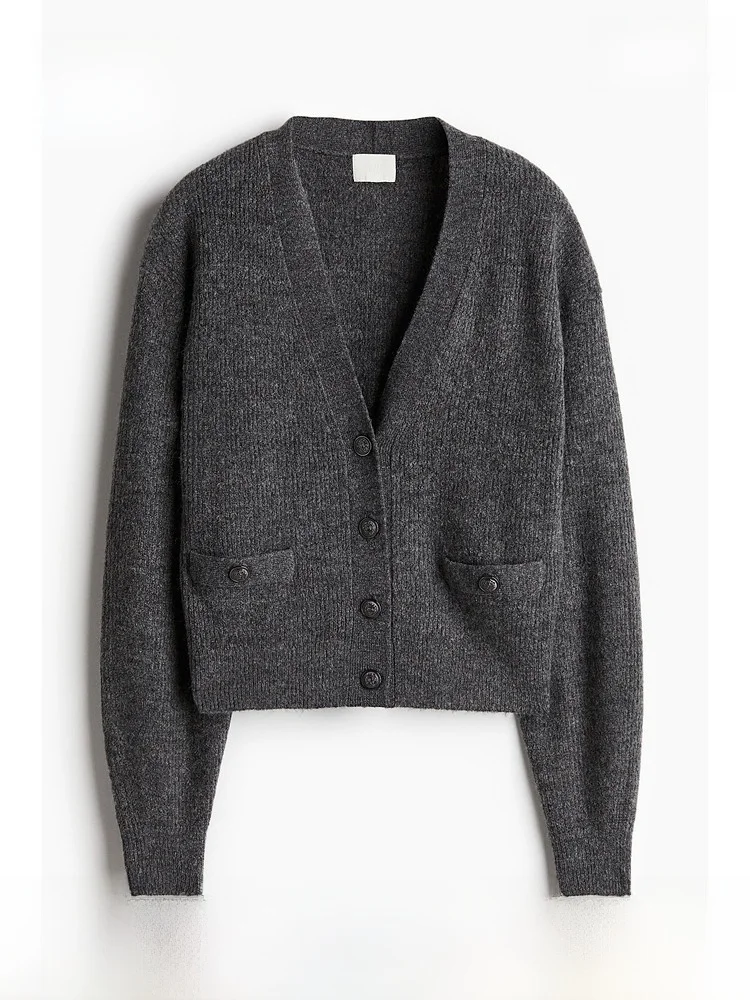 

H&M Women's Knitted Cardigan Spring Warm Button Loose V-neck Ribbed Casual Style Polyester Blend Long Sleeve Short Length