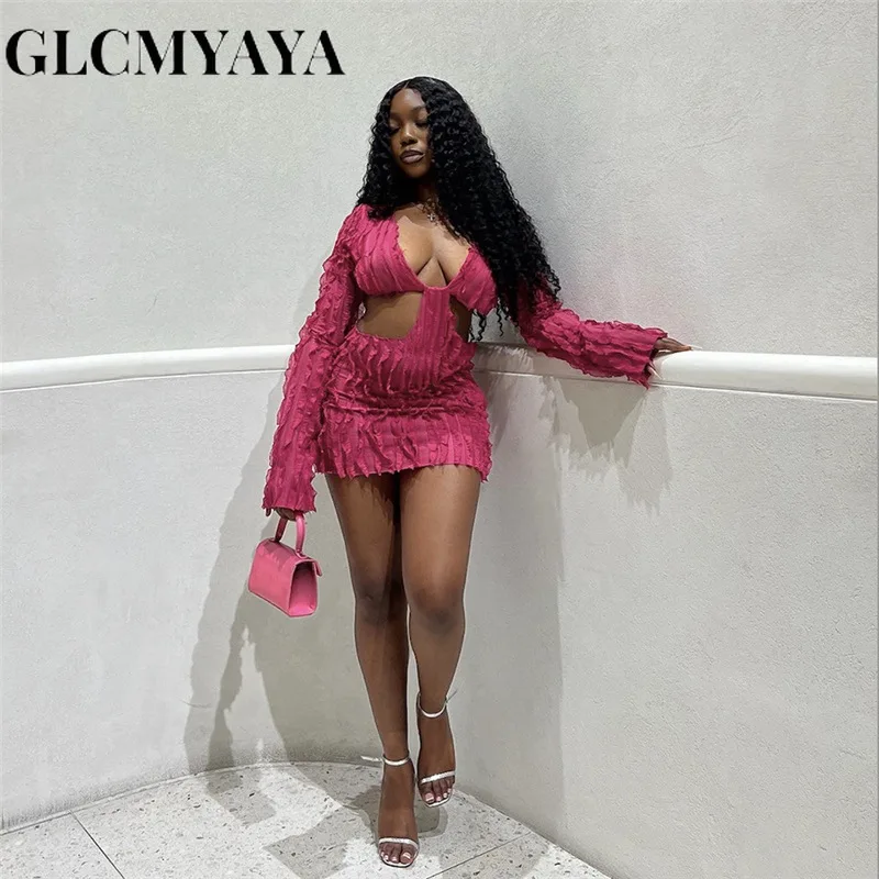 

GLCMYAYA Women Streetwear Hollow Out Wave Cut Solid V-Neck Bodycon Dress 20223 Long Sleeve Folds Spliced Sexy Party Dresses