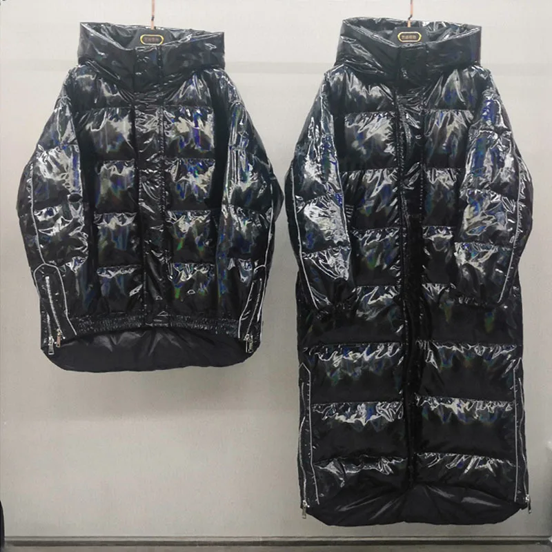 Glossy -30 Waterproof Thick Winter Long Down Coat Women Puffer Jacket Shiny Laser 90% White Duck Down Jacket Hooded Parka