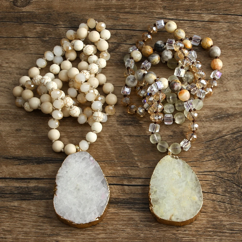 

New 8mm crazy agate natural stone glass beaded necklace drop druzy pendant bohemian necklace