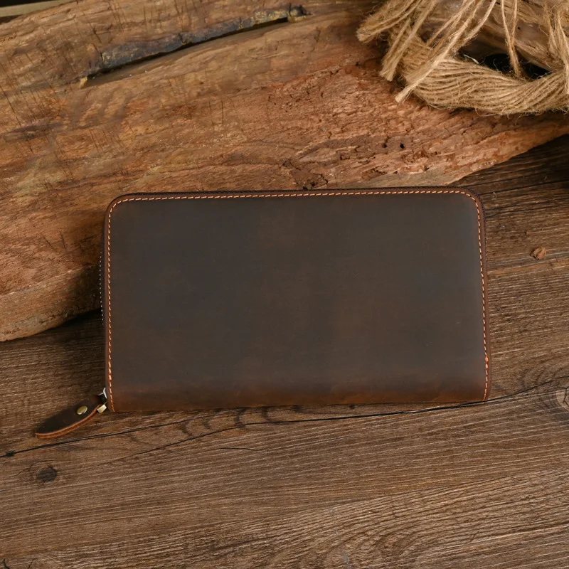 Genuine Cow Leather Clutch Wallets Multi Cards Tickets Organizer Cash Holder Vintage Brown Zipper Wallet Retro Pouch Bags Men