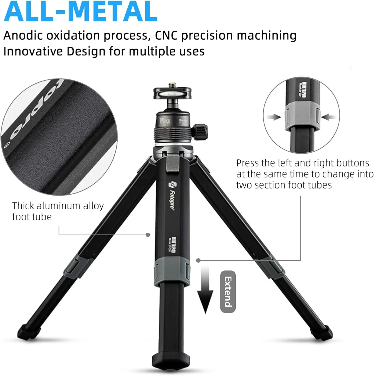 Fotopro Desktop Mini Tripod, Aluminum Alloy Compact Camera Tripod with Ball Head 1/4 Inch Screw for Phone DSLR