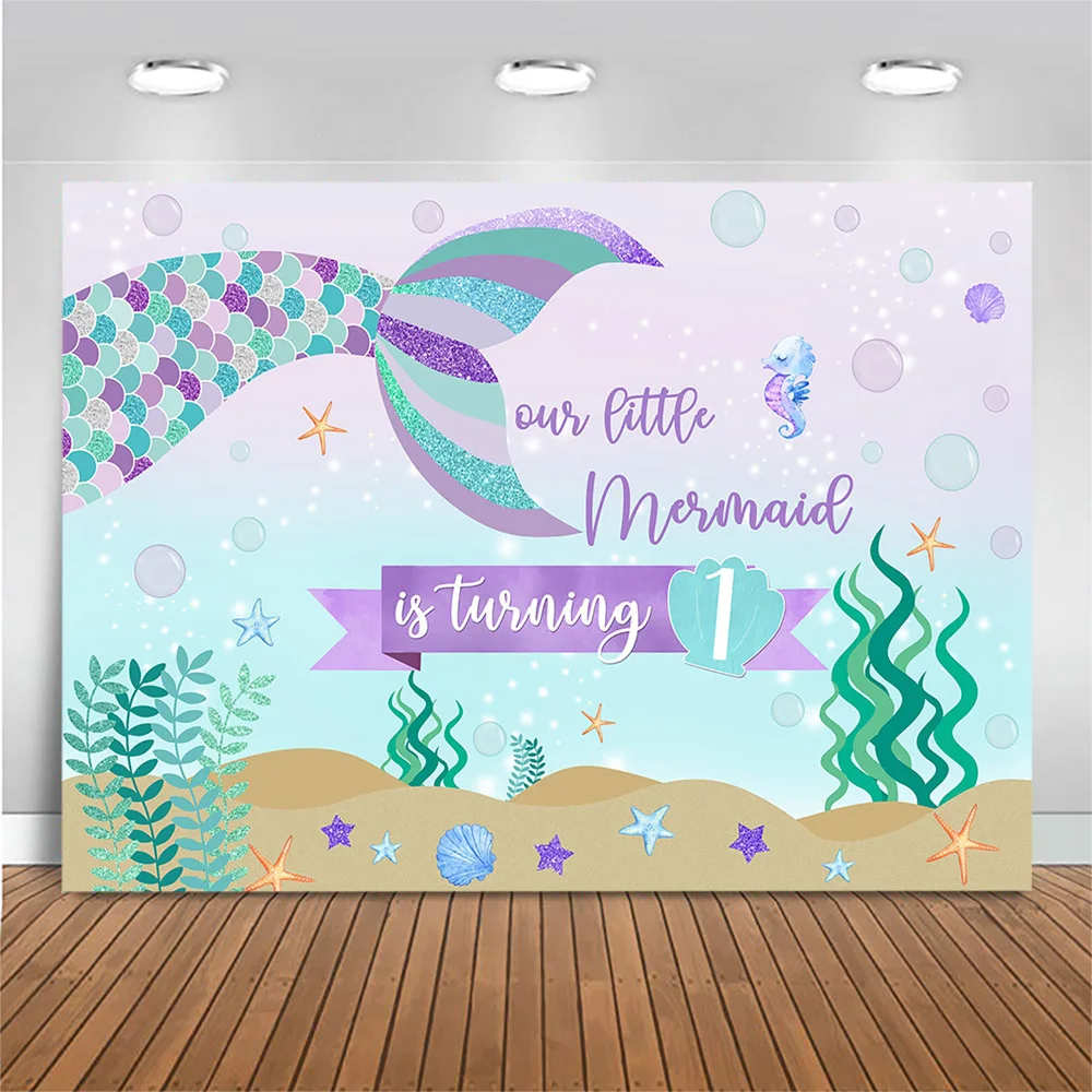 Mocsicka-telón de fondo de 1er cumpleaños para niña, 1 foto de fondo de nuestra sirenita, cola de sirena bajo el mar, accesorios para sesión de fotos