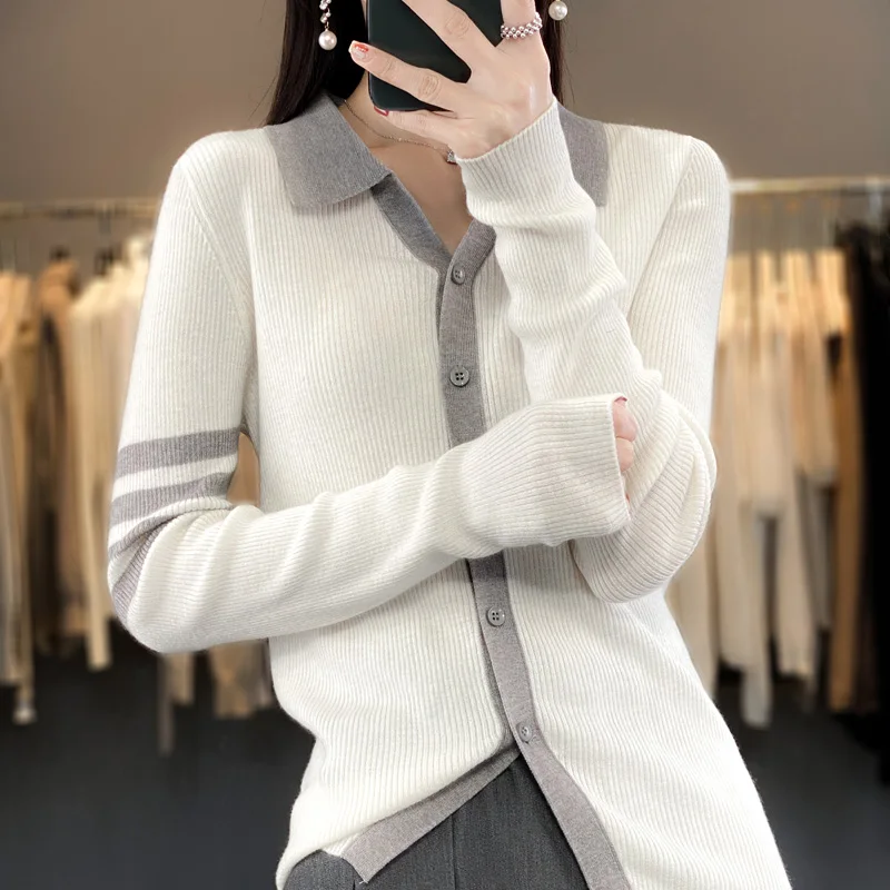 Shirt POLO Collar High end Wool Knitted Cardigan Women's Spring, Autumn, and Winter New Flip Collar Stripe Thin Fit Bottom Shirt