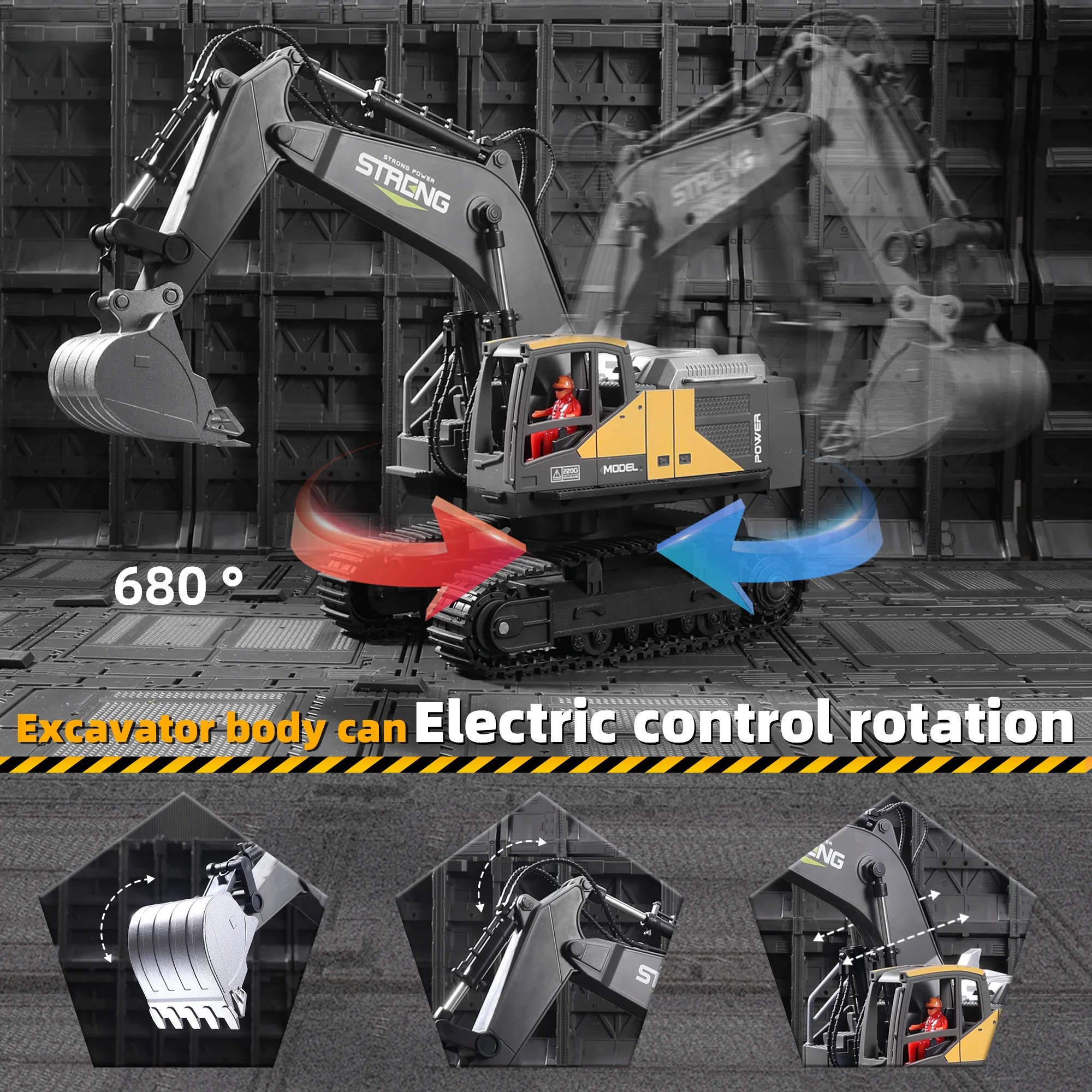 ZWN 16CH Remote Control  With LED Lights Music Professional RC Model Excavator Alloy Simulation Construction Vehicle Toys Gifts