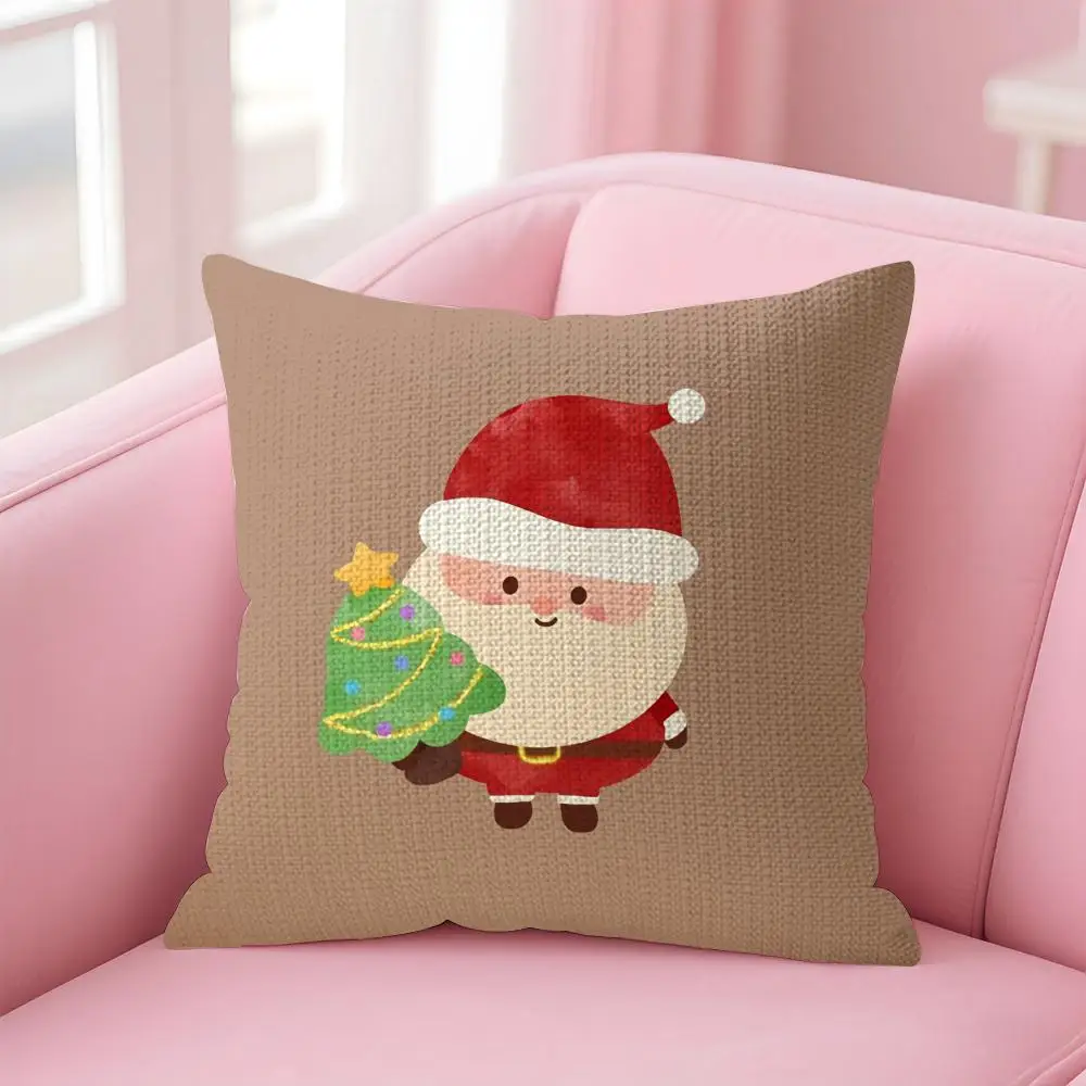 Cute Santa Claus Cushion Cover Natural Linen Organic Fabric Double-Sided Printing Breathable Perfect for Home Decor