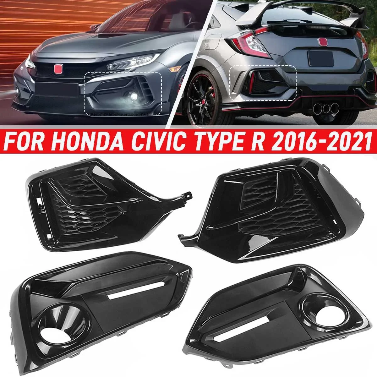 

4pcs Facelift Front Rear Bumper Fog Lights Cover Fog Lamp Hood Frame for Honda Civic 5 Door FK4 FK7 Hatchback 2016-2021