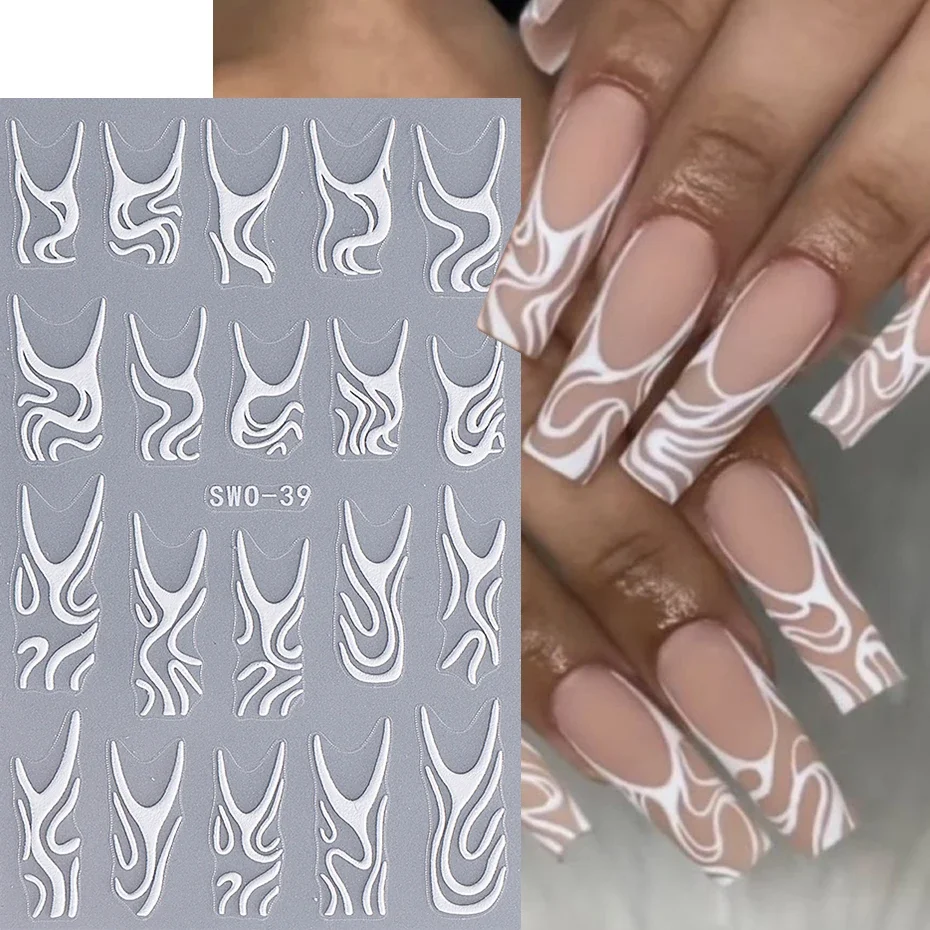 French Abstract Lines Nail Art Stickers 3D White Swirls Lines Self-Adhesive Sliders Nail Decals Halloween Manicure Decorations