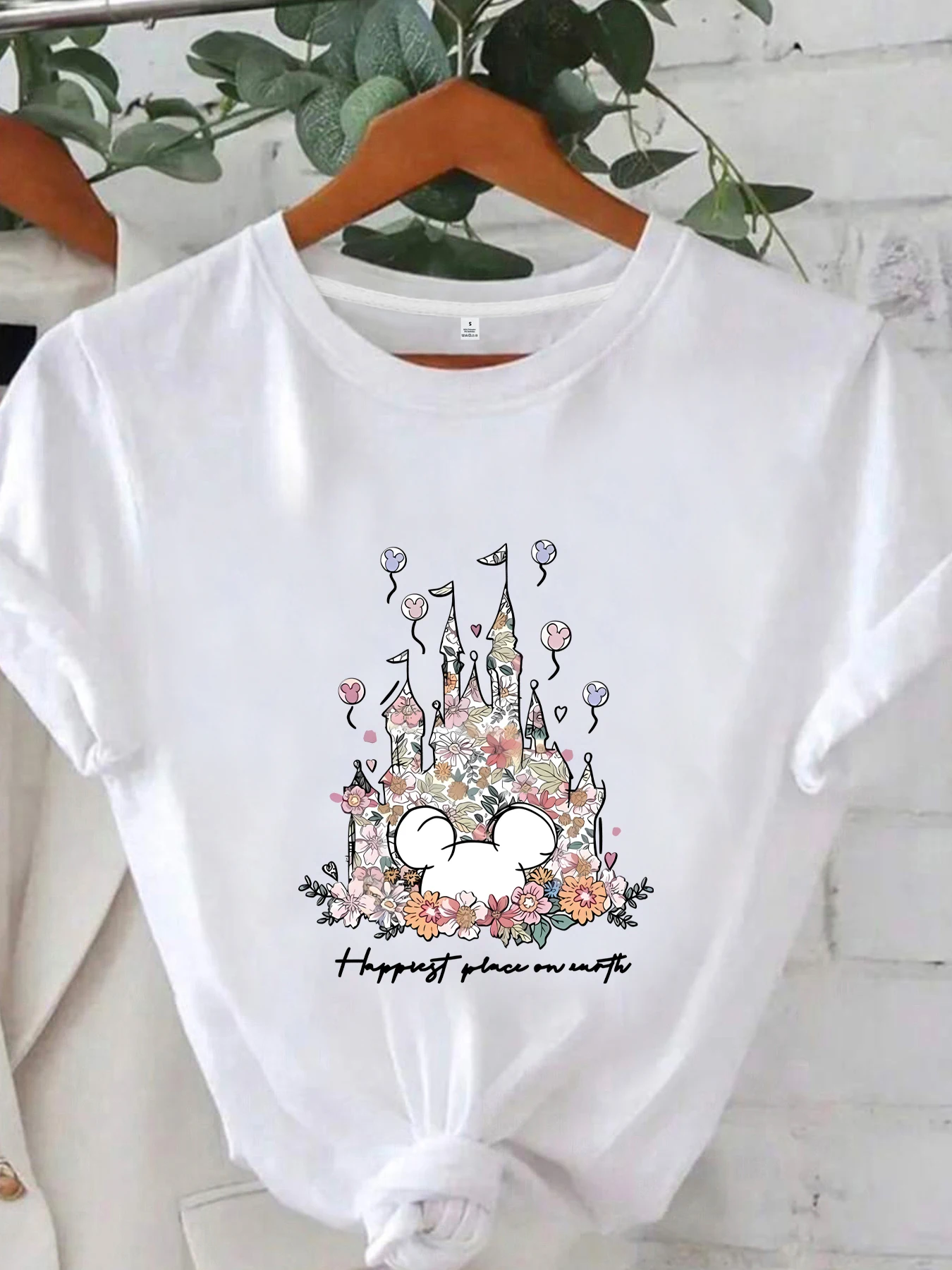 

Flower castle balloon Plus size women's round neck short sleeve T-shirt with elastic half sleeves and trendy prints