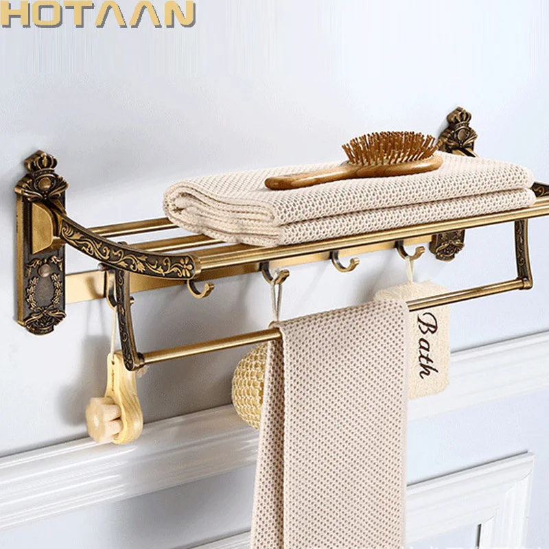 Aluminum Foldable Antique Brass Bath Towel Rack Active Bathroom Towel Holder Double Towel Shelf With Hooks Bathroom Accessories