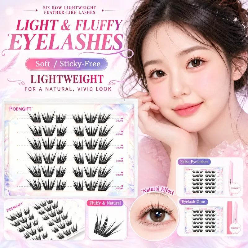 6D Multi-Layer Double Curl False Eyelashes Natural Feathery Fox Eye Look Youthful Pure Desire Single Cluster Lashes DIY Segmente