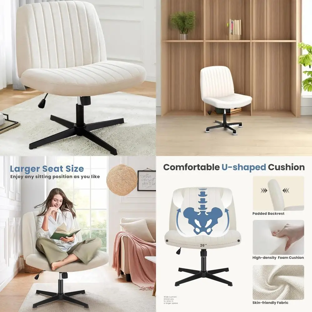 

Modern Adjustable Fabric Swivel Office Chair, Armless Wide Seat, No Wheels, Comfortable Home Desk Vanity Chair