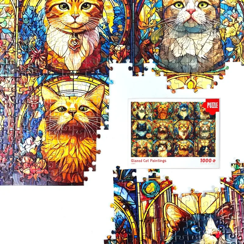 猫コレクション-12-グリッド-1000-ピース-ジグソーパズル、70×50cm-高色再現性のグレー段ボールパズル、理想的なホリデーギフト