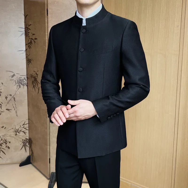 2 Pieces Men Chinese Style Slim Fit Stand Collar Wedding Groom Wear Party Ceremony Tuxedo Suits Sets Jacket Pant Costume