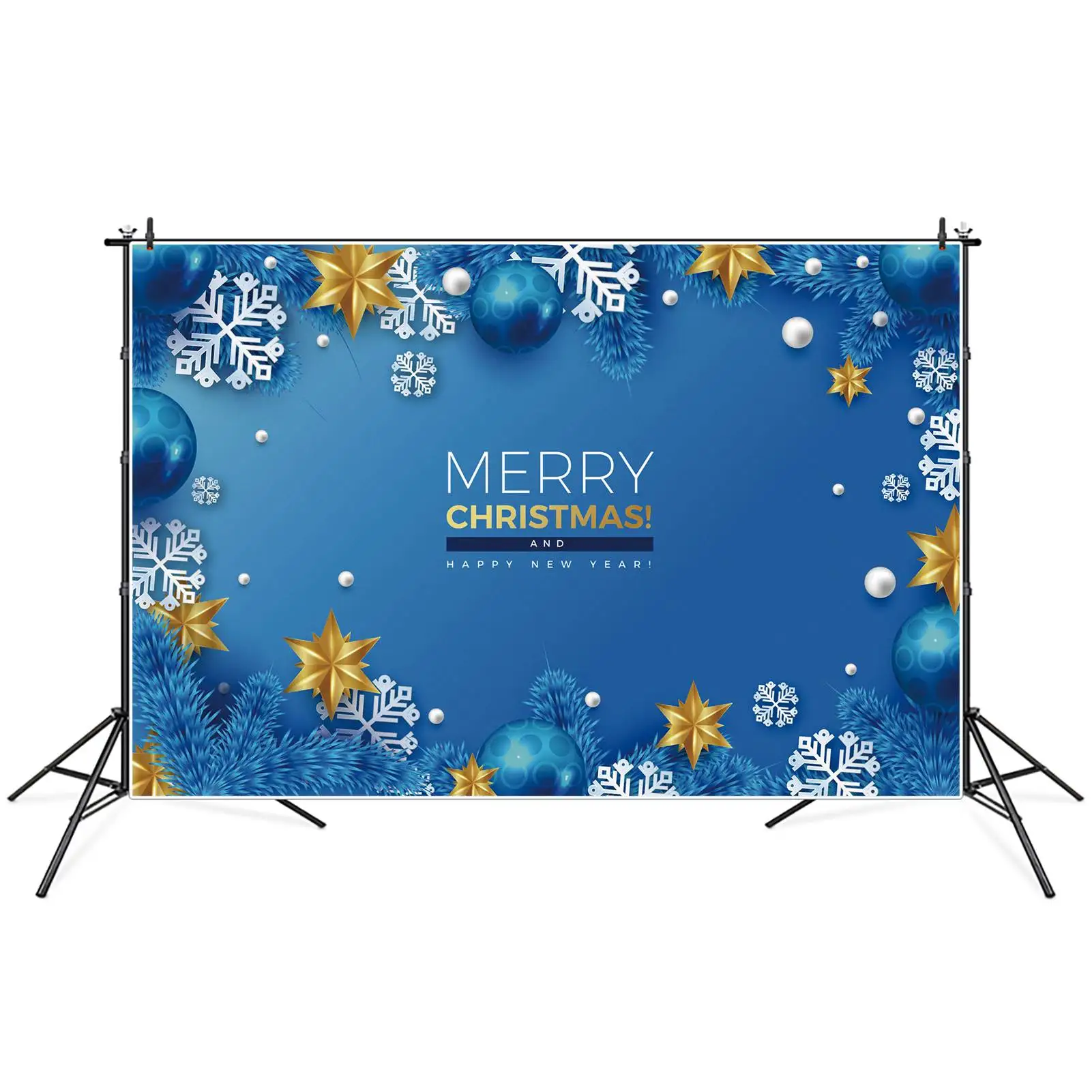 MOON.QG Backdrop Merry Christmas Blue Banner Poster Wall Background Gold Star Sliver Snowflake Leaves Party Photo Booth Props