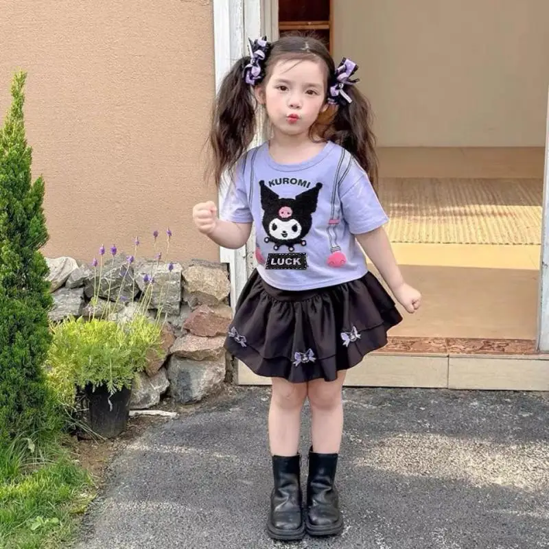 

Sanrio Kawaii с короткими рукавами, 2 шт., летняя новая стильная юбка Kuromi для девочек My Melody, модная детская юбка с короткими рукавами и принтом, праздничный подарок
