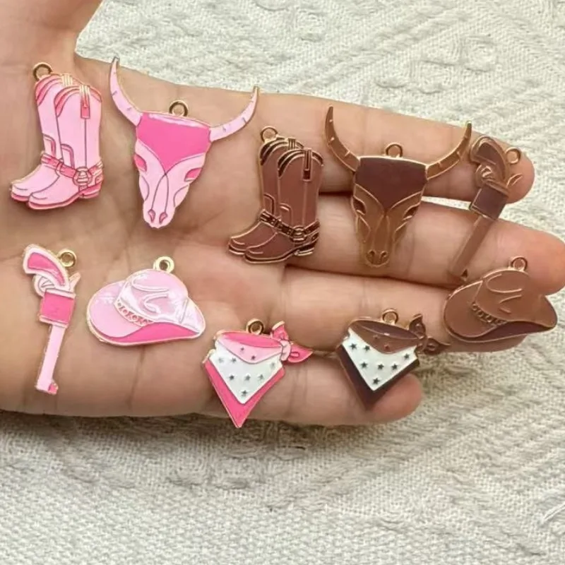 10Pcs Cool Western Cowboy Drip‑Oil Metal Charms, Boots and Hat Design Mini Decor Pieces, Ideal for Handmade Keychains