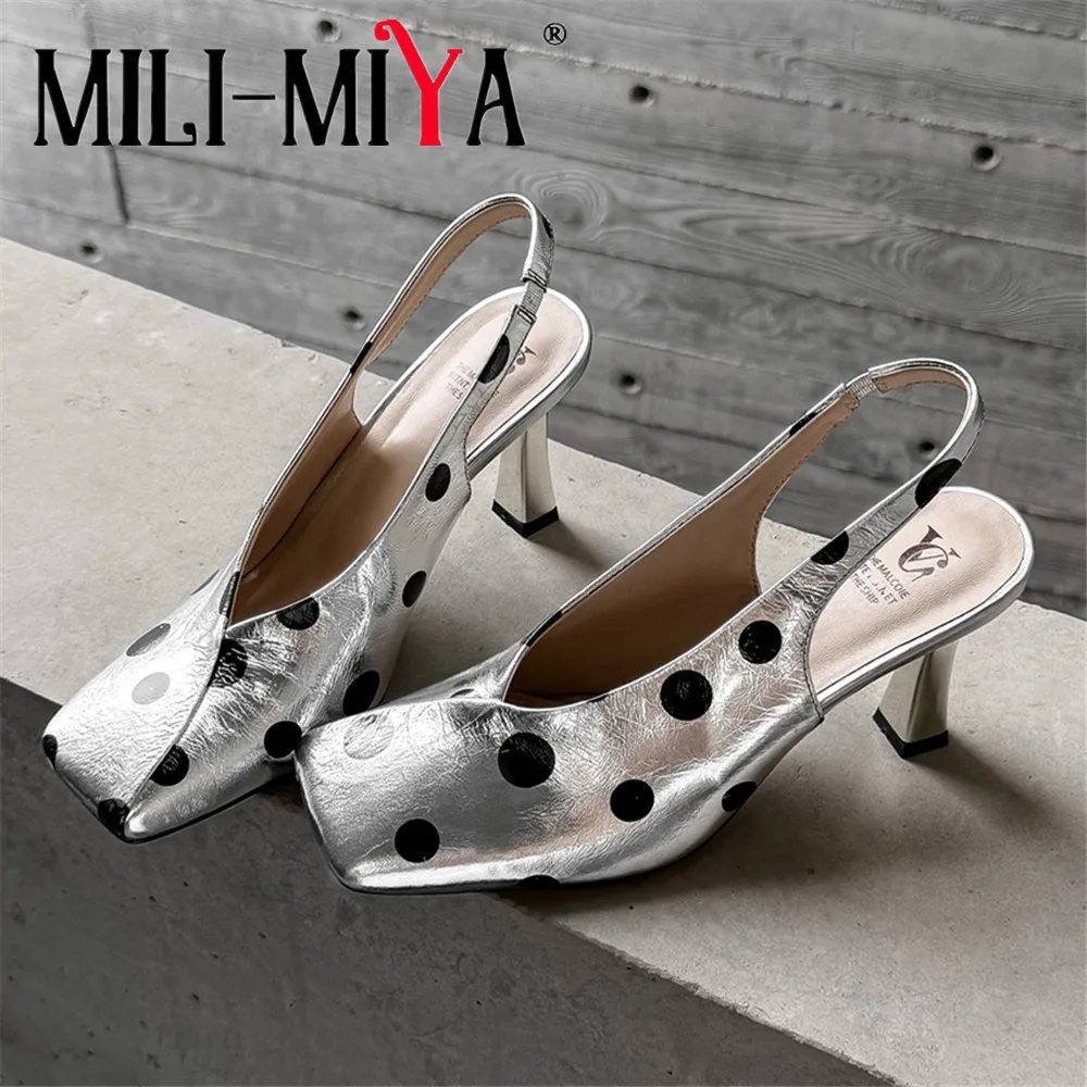 MILI-MIYA Women New Arrival Square Toe Slingback Pumps Thick Heels Slip On Round Polka Dots Big Size 34-40 Dress Party Shoes