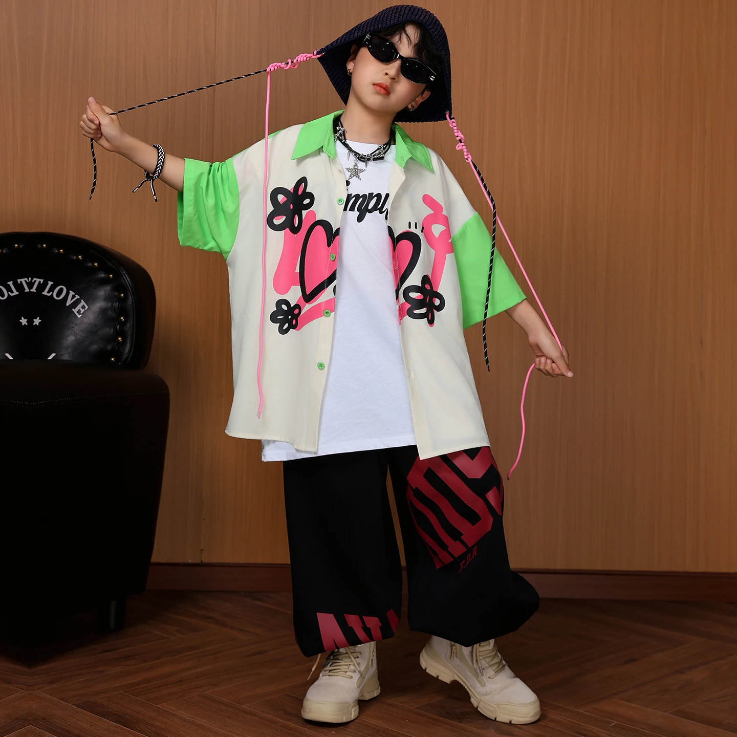 Girls Hip Hop Street Dance Outfit Green Contrast Short Sleeve Shirt Graffiti Wide Leg Pants Kids Kpop Jazz Stage Strrtwear