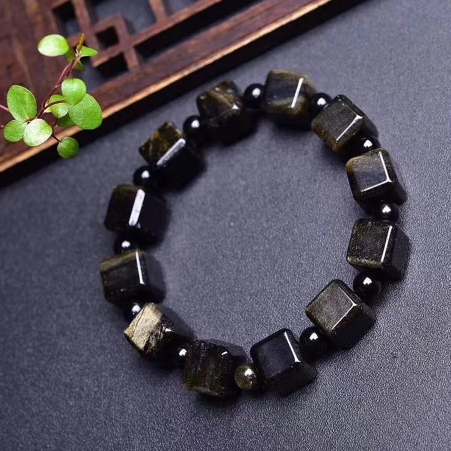 Unit One Bracelet 10 to 11mm Natural Golden Sheen Obsidian Gemstone Cube Crystal Bracelet For Gift