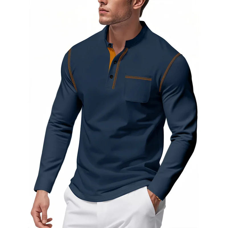 Autumn  Long-sleeved Men's T-shirt Henry Color Matching T-shirt Men