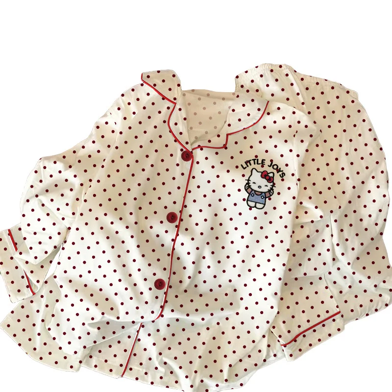 Sanrio Primavera e Autunno Hello Kitty Pigiama a maniche lunghe carino da donna Cartoon Polka Dot Cardigan con risvolto Set da casa