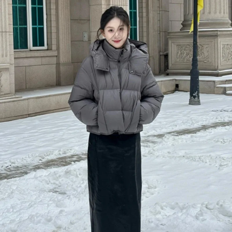 Women Cropped Cotton Jacket Detachable Hood Zip Up Long Sleeve Parka Coat Warm Loose Short Outerwear for Winter Daily Streetwear
