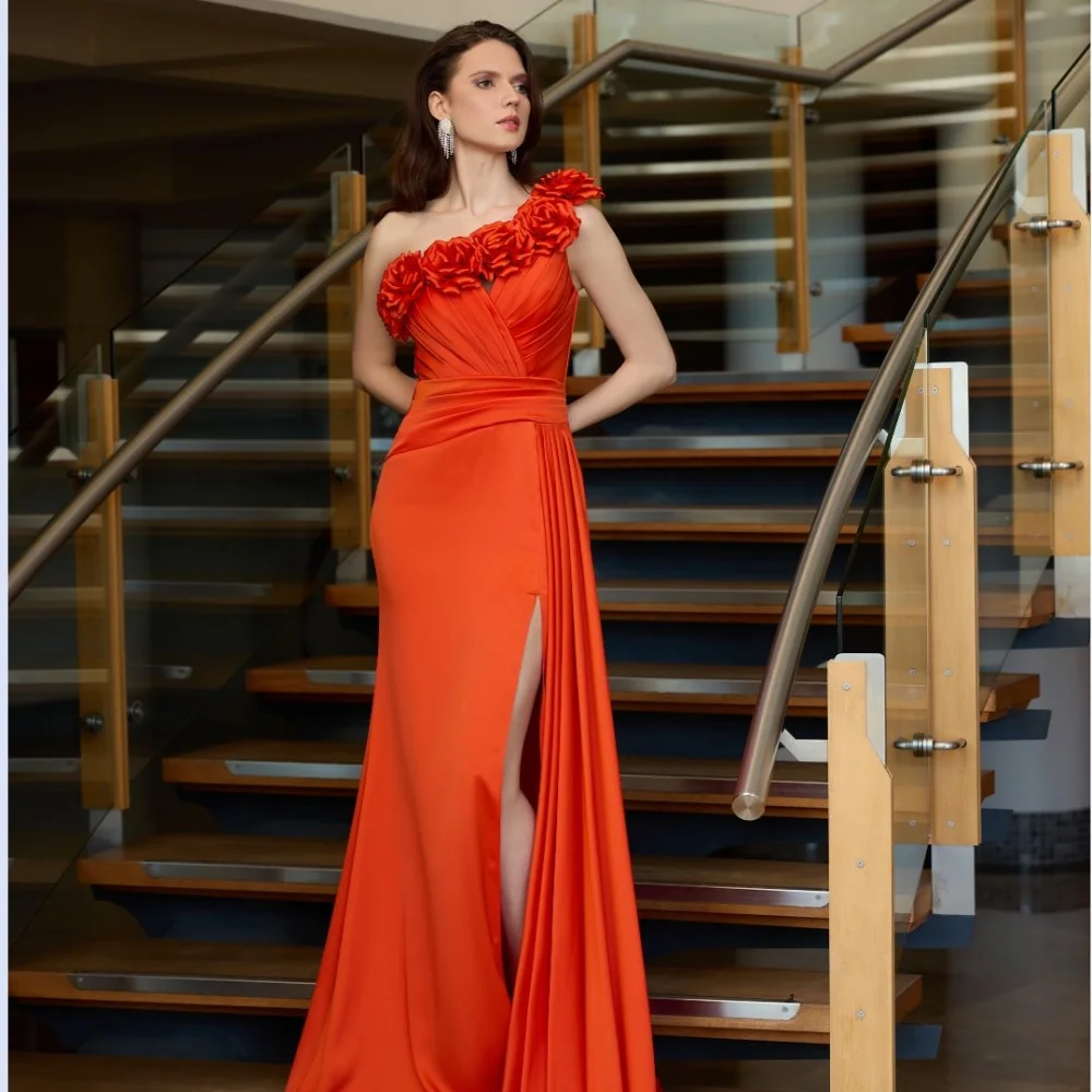 

Customized Sparkle Exquisite Jersey Flower Draped Pleat Homecoming A-line One-shoulder Bespoke Occasion Gown Long Dresses