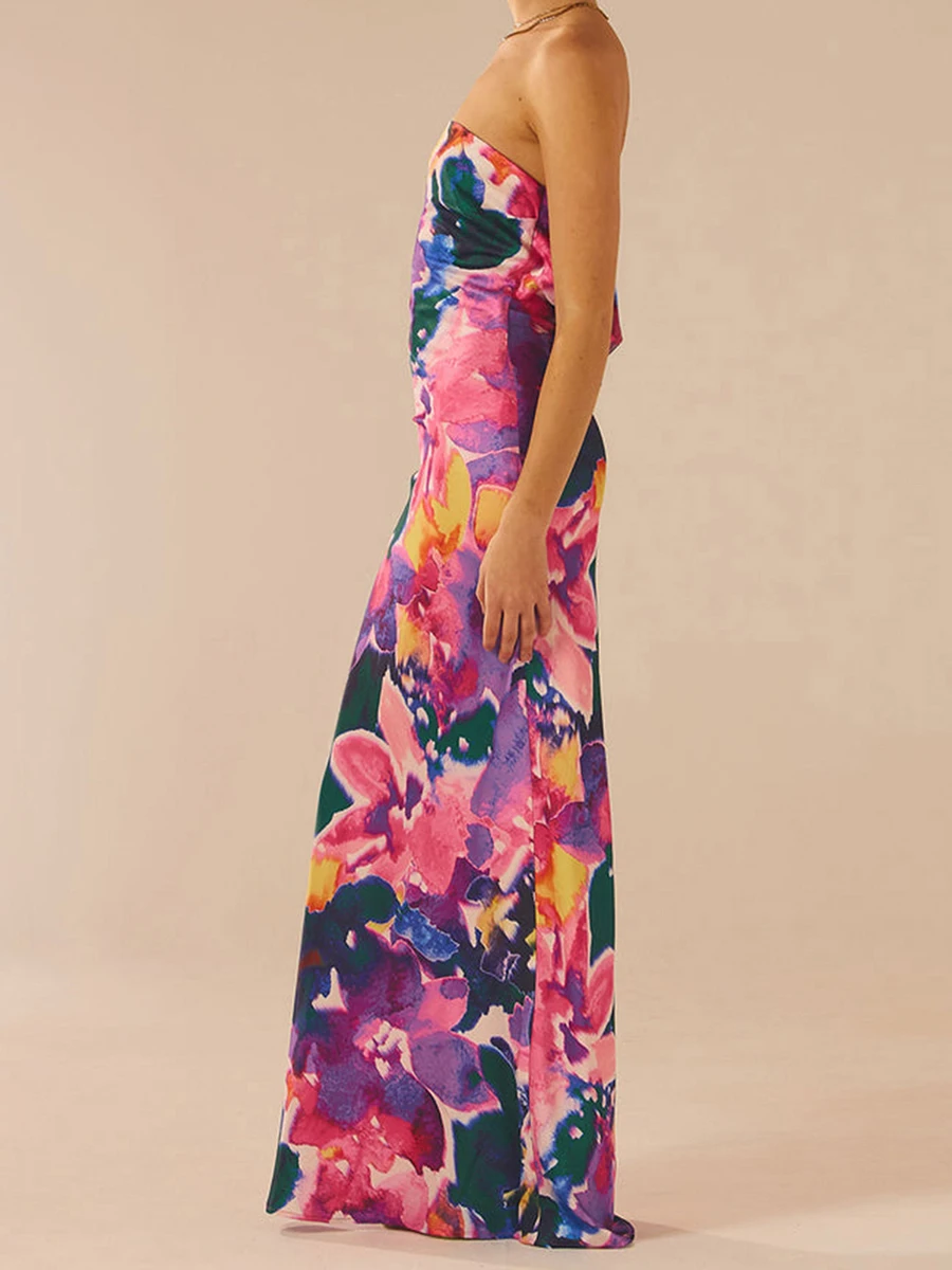 Elegantes schulterfreies Maxikleid mit Boho-Blumendruck und Schnürung am Rücken für sommerliche Hochzeits- oder Urlaubs-Strandpartykleidung