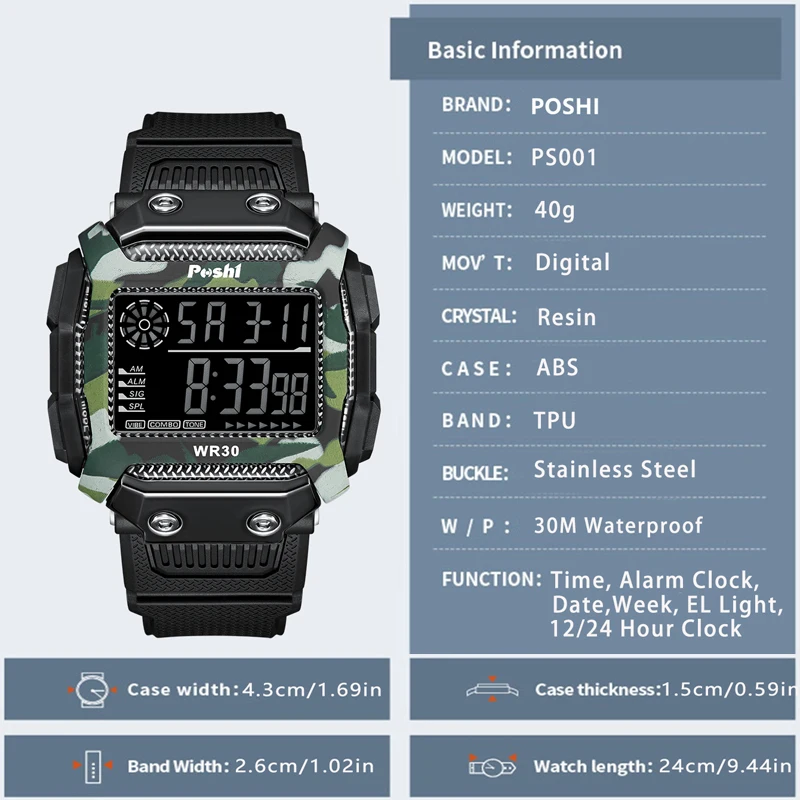 POSHI Man Digital Watch Luxury Outdoor Sport Wristwatch Stopwatch Calendar Luminous Electronic Clock 30M Waterproof