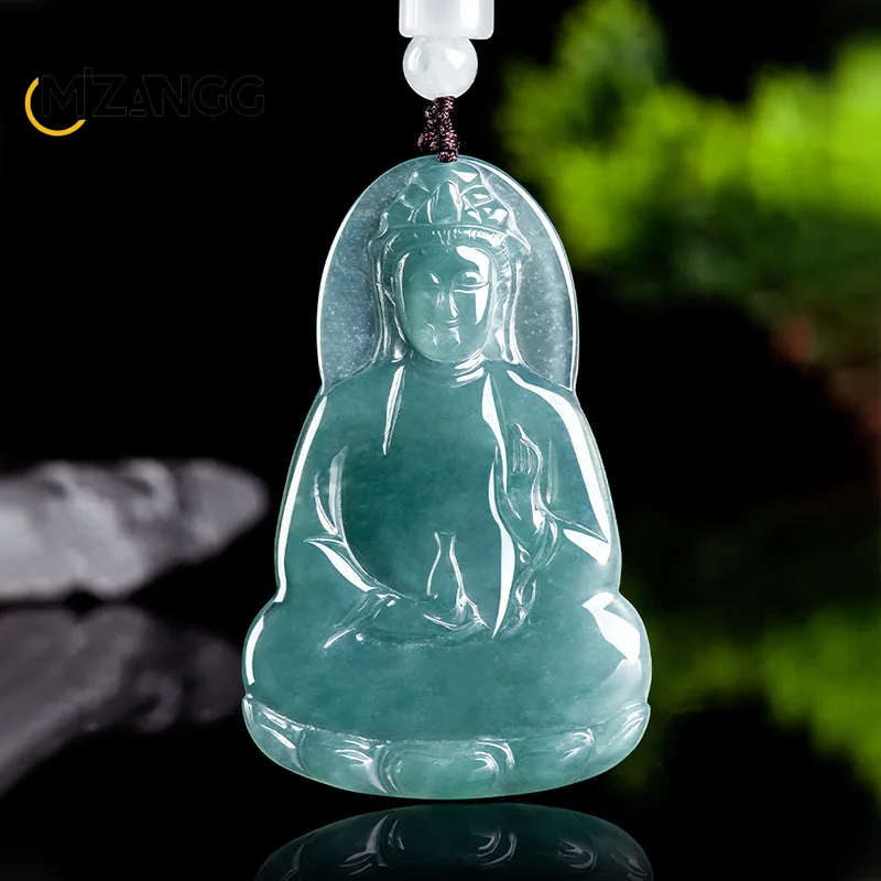 Natural Jadeite Blue Water Vase Guanyin Pendant Hand-carved High-end Exquisite Ice Jade Necklace Men and Women Holiday Gift