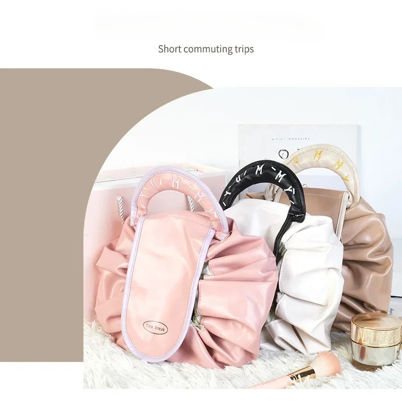 Lazy Makeup Bag Large Capacity Portable Travel Storage Bag Drawstring Bundle Handheld Leather Toilet and Skincare Storage Bag
