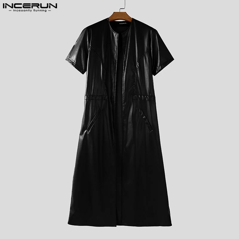 

INCERUN Men Long Style Trench Solid PU Leather Short Sleeve Open Stitch Male Coats Streetwear 2025 Fashion Casual Windbreaker