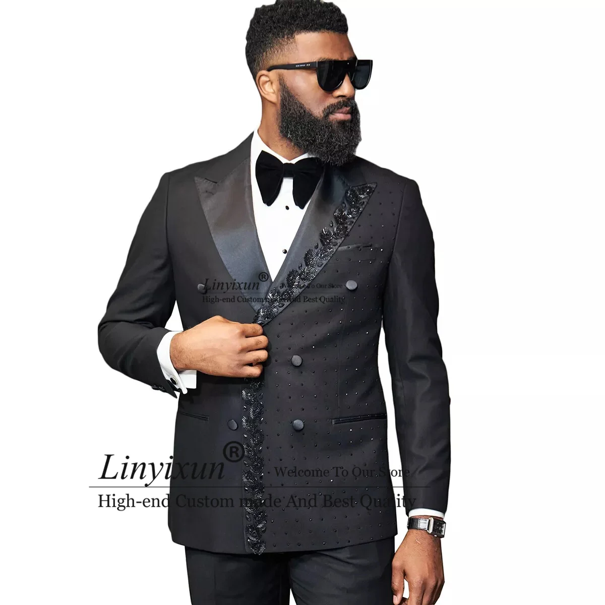 Sparkly Beaded Crystals Men Suits Luxury Gem Male Prom Party Blazers 2 Pieces Sets Groom Party Double Breasted Costume Homme