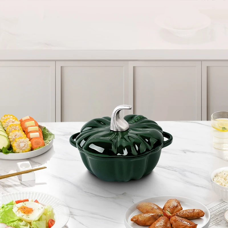 Kitchen Accessories Cast Iron Pots Baby Auxiliary Food Enamel Pot Cookware Soup Pots Uncoated Green Pumpkin Cooking Pot 16cm