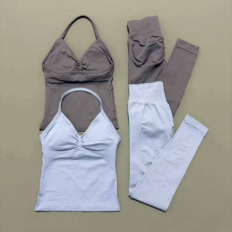 2 قطعة مجموعة رياضية النساء الخطوط الطويلة Strappy ملابس اللياقة البدنية سلس اليوغا مجموعة تجريب Scrunch الصالة الرياضية طماق تشغيل الرياضة مجموعة