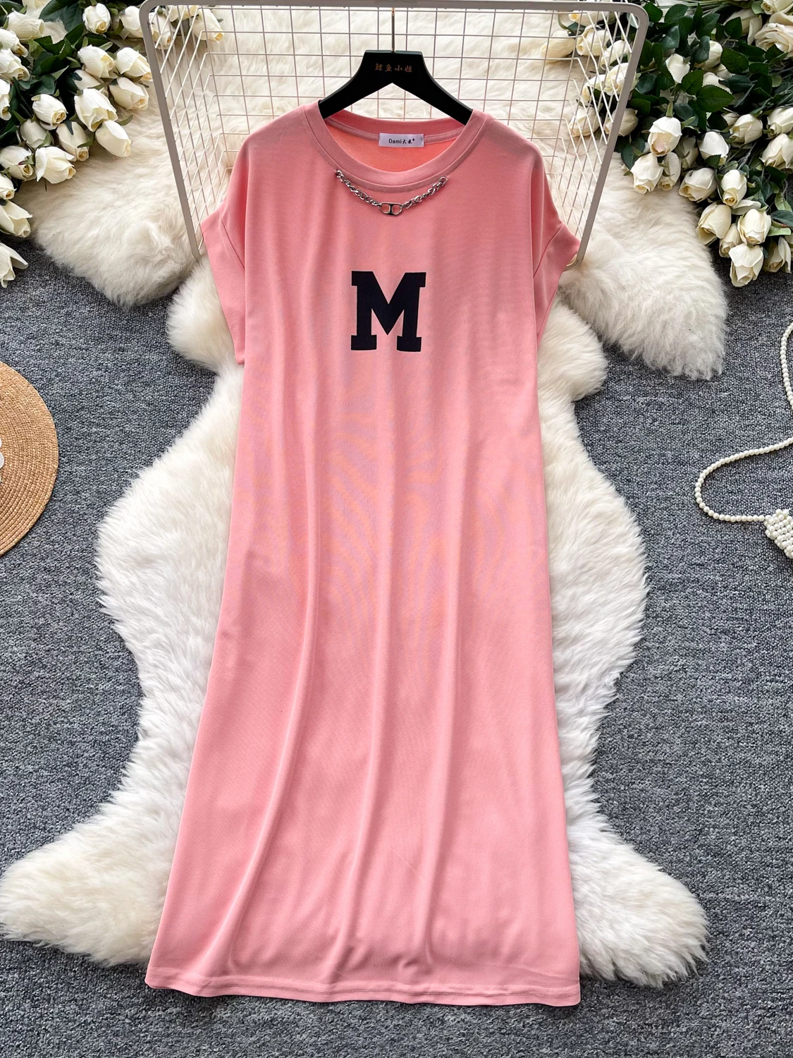 Korean Style Letter Print Chain Dress Women's Summer New Short Sleeve Pink A-Line Skirt Slimming plus Size Commuter Dress