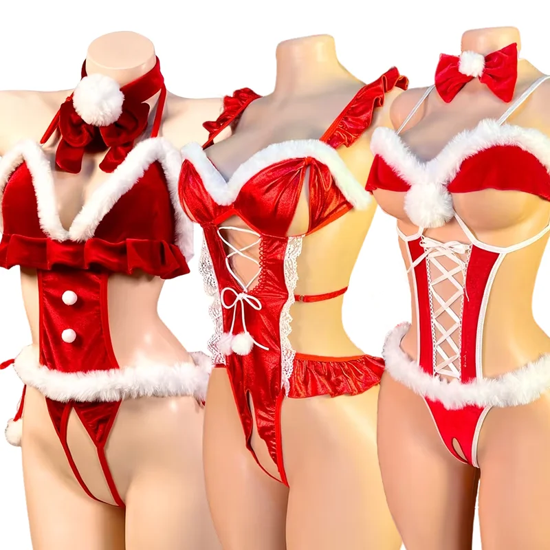 Sexy Lingerie Red Christmas Cosplay Costumes Crotchless Bodysuit Woman Underwear Cosplay Role-Playing Halloween Exotic Sleepwear