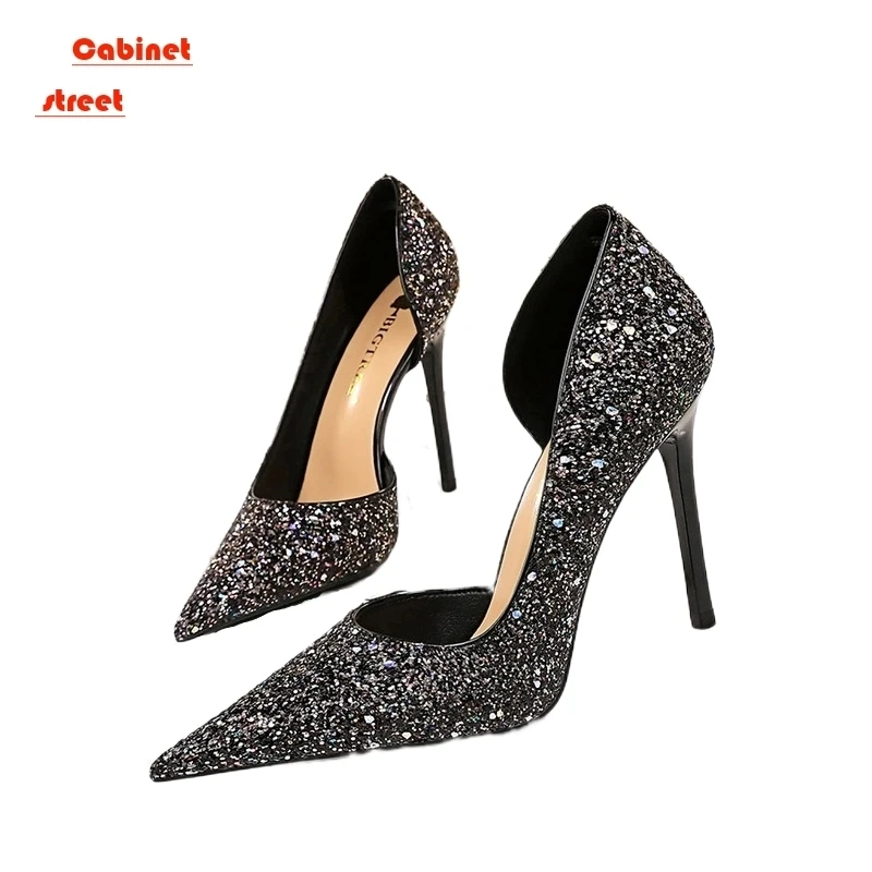 

Europe United States Sexy Ladies Shoes Party Heels Stiletto High Shallow Mouth Pointed Side Hollowed Glitter Single Women Pumps