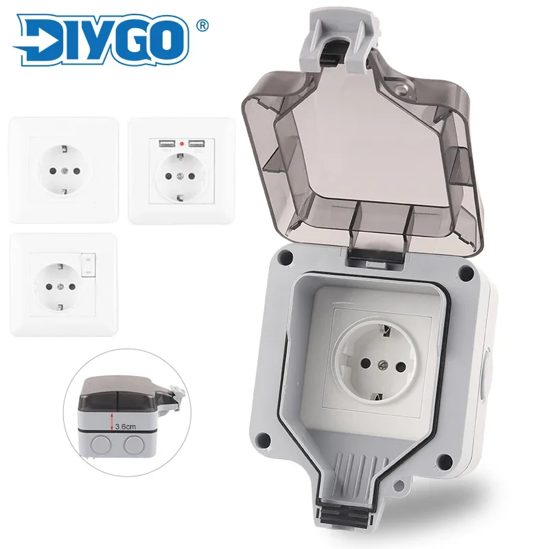 

IP66 EU waterproof outdoor wall socket, 16A, grounded, 250V, USB switch, German standard, DIY, GO.