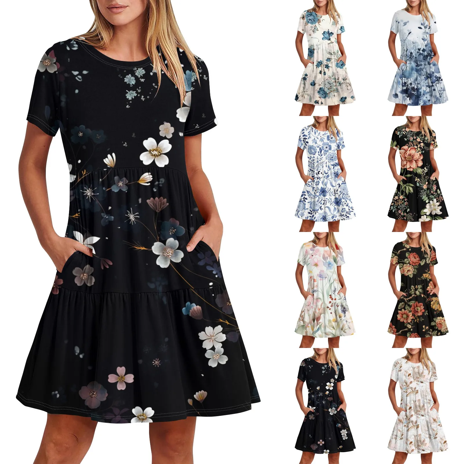 Midi Dress Round Neck Sleeveless 3d Floral Print Summer Casual Loose Knee Skirt Elegant Vestidos Dress With Pocket Summer Beach