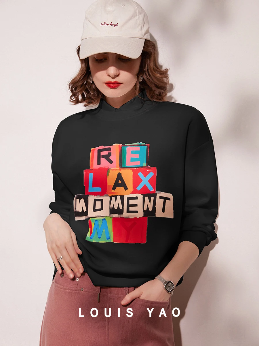 LOUIS YAO Women Sweatshirt 2024 Spring New Round Neck Long Sleeve Loose Fit Print Letter Drop Shoulder Sleeve Chic Top