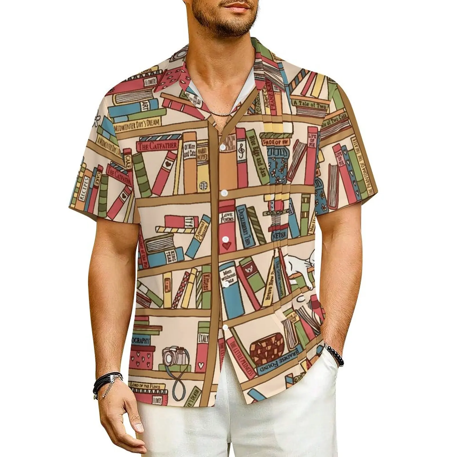 

Library Cats Beach Shirt Male Bookshelves Elegant Casual Shirts Summer Short Sleeve Y2K Funny Plus Size Blouses Birthday Present