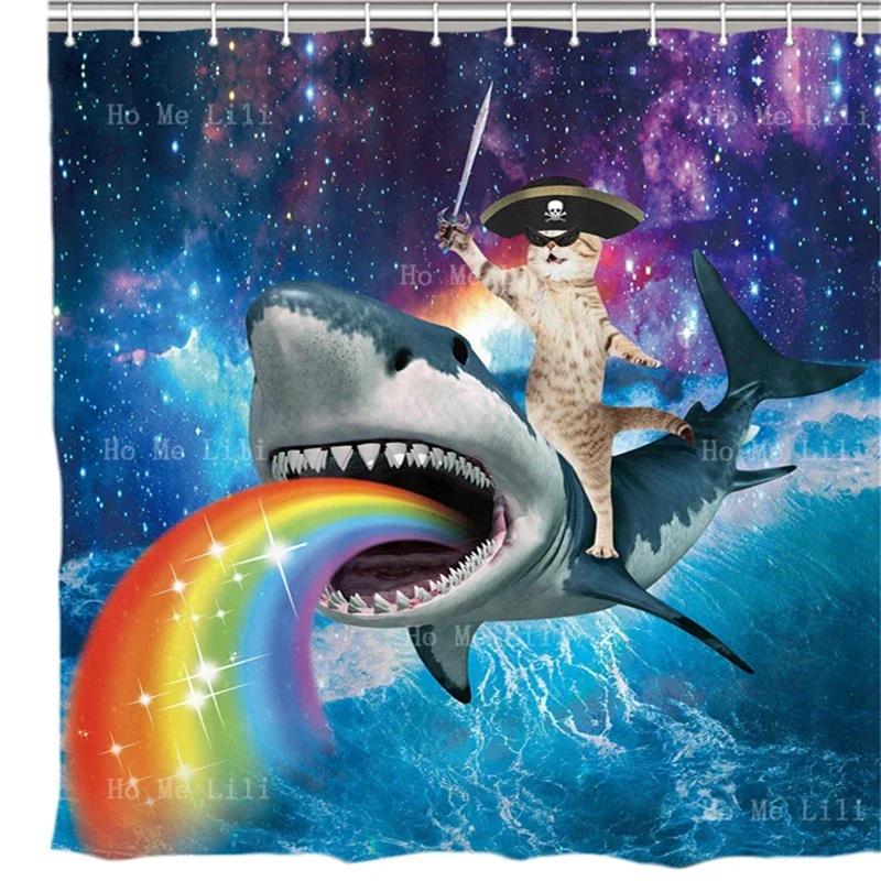 Funny Pirate Cat Themed Riding Dinosaur Shark Whale In Universe Galaxy Rainbow Blue Sea Ocean Animal Hilarious Shower Curtain