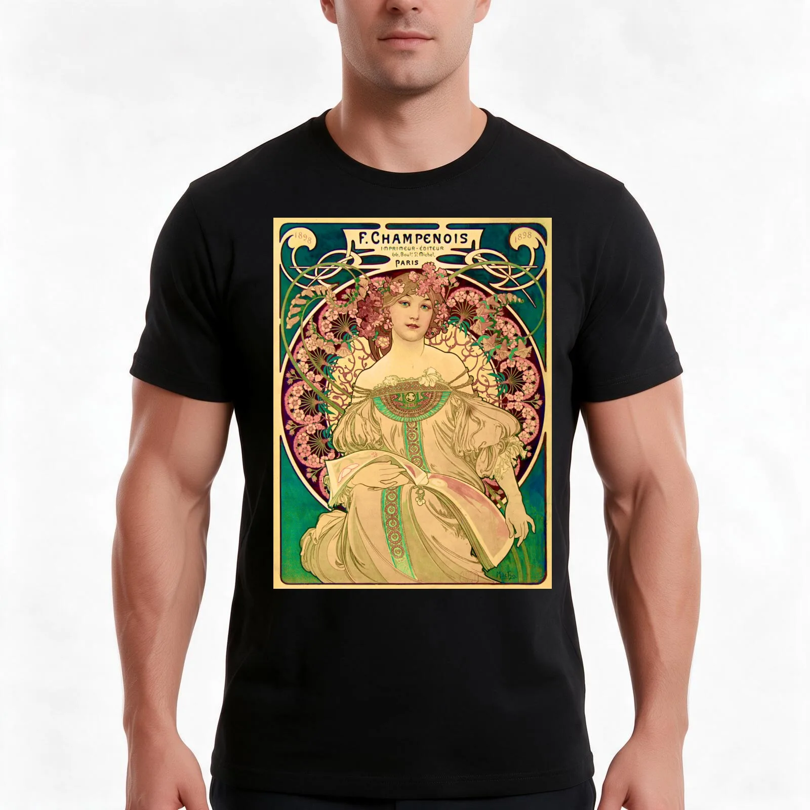 Daydream Alfonse Mucha 1897 F. Champenois imprimeur-éditeur T-Shirt, Summer Casual Cotton Tee, Oversized Streetwear Tops