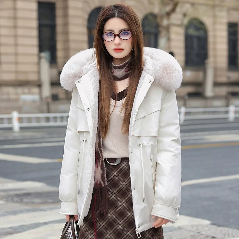 Parka d'hiver 2025 nouvelles femmes veste vêtements mi-long manteau doublure en laine à capuche col de fourrure épais chaud vêtements de neige mode Parkas