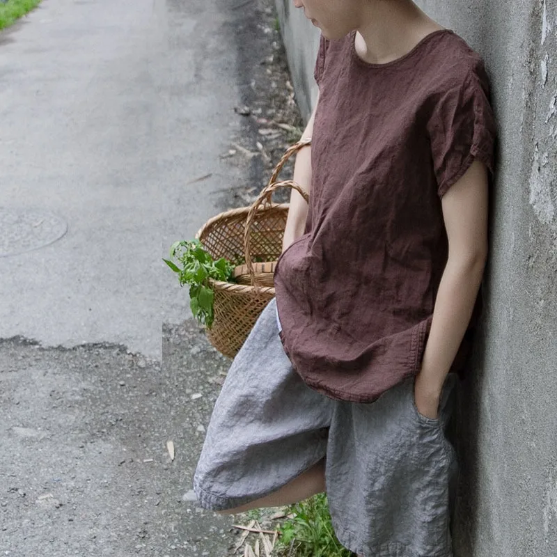 

Retro creative thin short-sleeved T-shirt women's cotton and linen grid sand wash old literary top fashion casual versatile simp