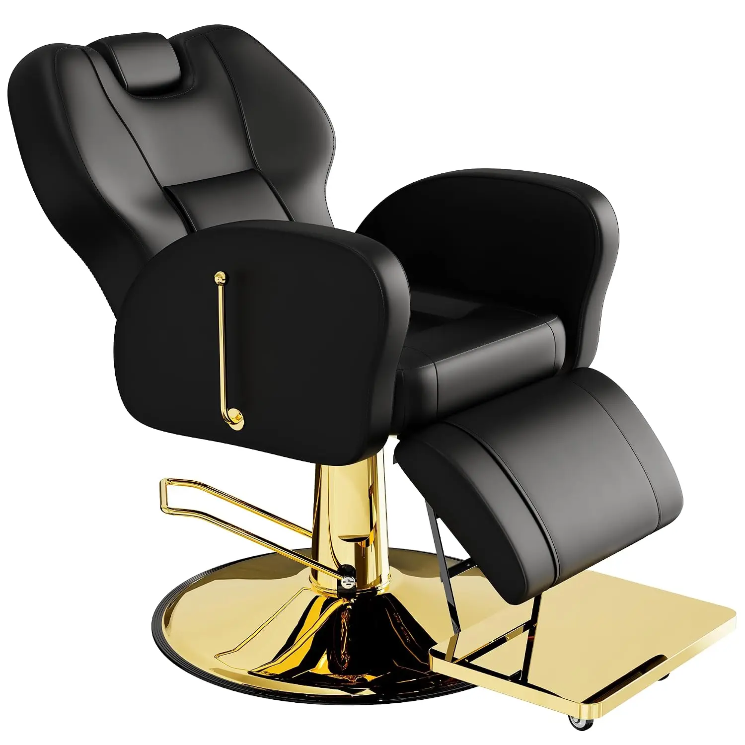 Black & Gold Reclining Barber Chair, All-Purpose Salon Chair for Hair Stylist with Soft PU Leather and Stable Round, Customized