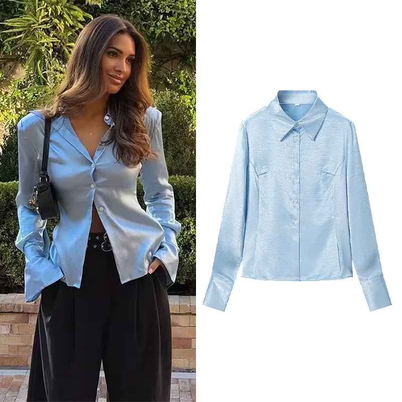 

Women's Satin Shirt New 2026 Spring Summer Women Slim Long Sleeve Shirt Lady Solid Shirt & Blouses Female Tops