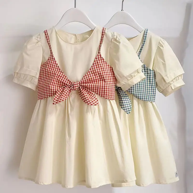 

2Pcs Kids Spring Summer Outfit Baby Suits Girl Vest + Short Sleeve Dresses 2piece Kids Cute Princess Dress Children Fashion Vest